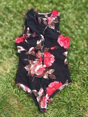 Coquette Rose Lace Up Mesh Bodysuit L Romantic Floral Whimsigoth Sheer